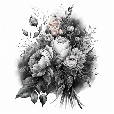 clipart watercolor detailed and realistic. on white background. beautiful flower tribute, Bouquet. dark theme, greyscale - loss funeral Themed tribute bouquet