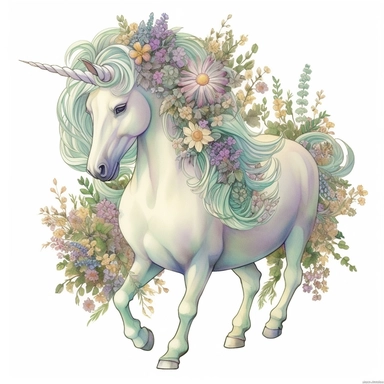 Clipart of a unicorn inspired by a serene meadow scene. Use gentle shades of mint green, buttery yellow, and pale lavender to mimic the colors of wildflowers. Adorn its mane and tail with tiny blossoms and paint its hornwith a pearlescent sheen.
