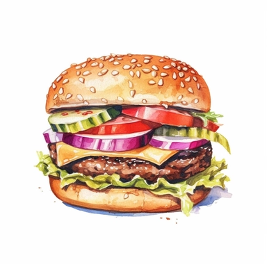 Hamburger watercolor clipart, white background, neutral muted colors, high quality, hyperrealistic, detailed, vintage, color palette red, blue, white, picnic