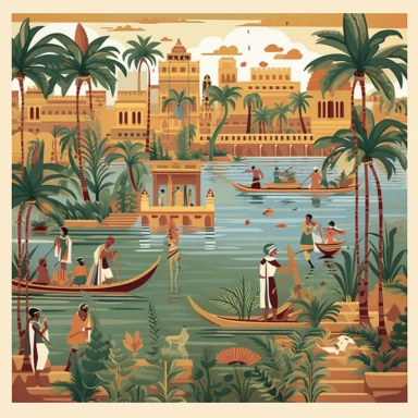 Envision an ancient Egyptian scene set along the banks of the Nile River, teeming with life and greenery. Illustrate lush vegetation, tall papyrus reeds, and colorful lotus flowers flourishing along the riverbanks. Depict bustling marketplaces, with merchants trading goods and people going about their daily activities in this vibrant and fertile oasis, isolated on white background, clipart