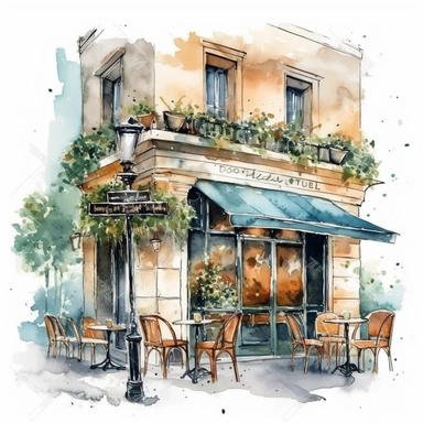 watercolor Spring Coffee shop clipart, romantic french cafe illustration, A sharp photograph of an expensive, on white background