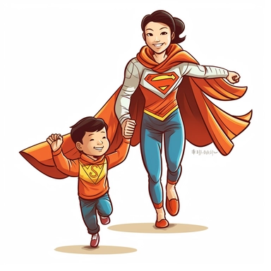 a comic-style, clipart image (floating image), full body image of a asian mother and child duo where the child is the superhero's sidekick, the hands should be correct and not missing digits, wearing super suits