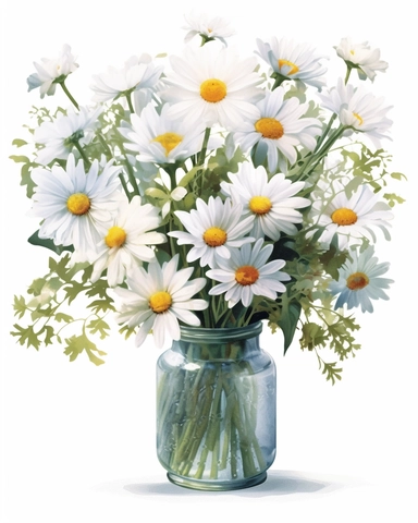 detailed vibrant watercolor bouquet of white daisy flower in glass vase with water on white space , isolated on white background, realistic, clipart