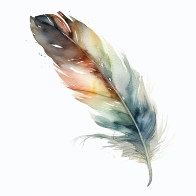 watercolor, rustic looking single fluffy feather minimalist, bottom left-hand corner scroll ideal for wedding stationery, clipart