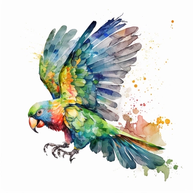 watercolor sketch illustration of Tropical Watercolor fly parrot Clipart, digital art, concept, art, 8k, hd, isolated on a white background