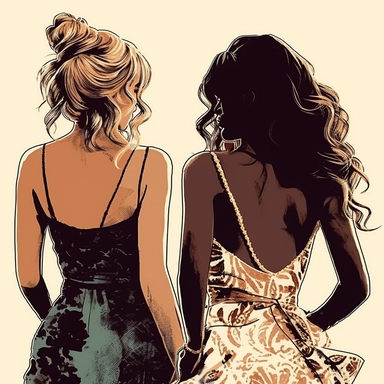 clipart of adult best friends, friends forever, party girls, back facing, glam fashion, closeup