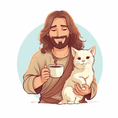 Jesus holding a cute cat and drinking coffee , clip art