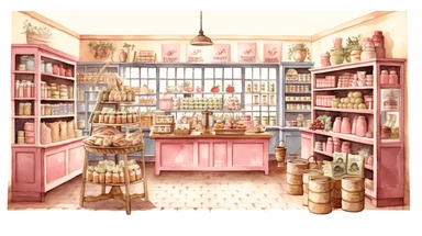 watercolour illustration, light pastel pale pink background, Grocery shop interior color graphic sketch illustration vector clipart, sublimation graphics, by Beatrix Potter, watercolour clipart, unique design, print on demand image, transparent PNG background, white background, 8k