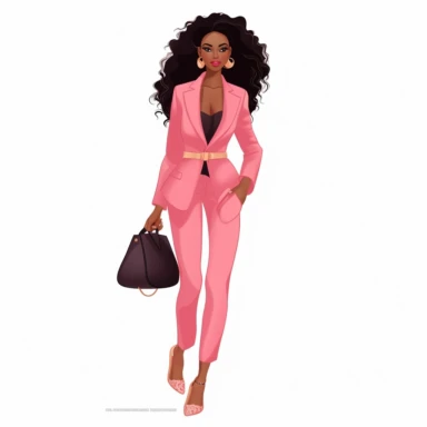 Professional black woman pink pants suit, facing camera, very fashionable, happy, confident, carrying small designer handbag, wearing high heels and bold jewelry. Illustration style, clip art