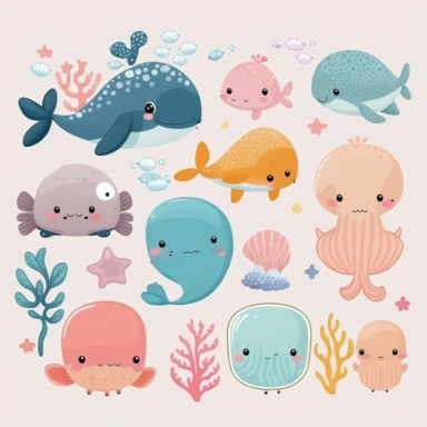 kawaii marine animals clipart on white background, vector, make them cute and cuddly