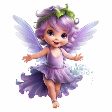 a beautiful happy baby fairy girl, purple flowered dress, blue eyes, highly detailed image, full body image, big wings, pixar style, clipart, white background,