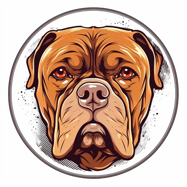 logo, ink drawing Dogue de Bordeaux , head, facing front, cute, circle frame, cartoon clipart, vector, bold line, white isolated background, high definition