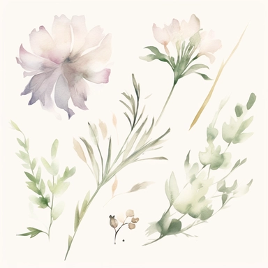 Watercolour sketch, floral elements, simple, clipart, white background, pale delicate tones, naturecore, bloomcore