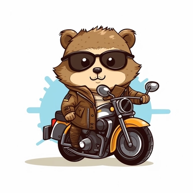 Create a clipart of a cute groundhog wearing a leather jacket and riding a motorcycle. Kawaii. White Background, soft lighting.