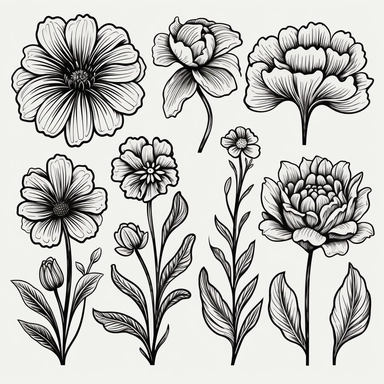 create a hand drawn flower and put it in a repeat, must look like a coloring page, cartoon looking, vector sticker, clipart, the design must be black and white only - no colors, floral bundle, make lines bold and thick, silhouette look, stencil, simple art, simplify the lines, minimal lines in art