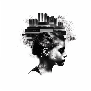 double exposure: a black shape of a beautiful girl's head with a messy bun, inside there is a bookcase with lots of books, clipart, isolated on white background, 4K,