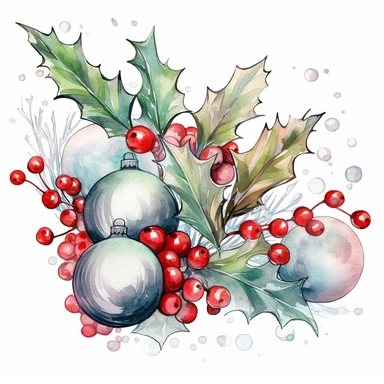 Holly and Baubles Christmas style by Lucy Fleming, watercolor, smooth gradients, black contour outline, ultra detailed, clipart elements, delicate pastel colors, solid white background, super clear, high quality