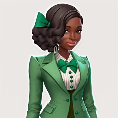 beautiful smiling african american woman from a video game walking wearing kelly green suit with large pleated bow on jacket, clipart