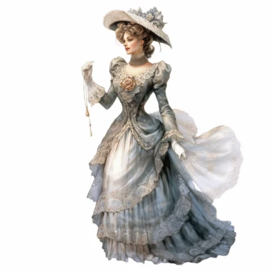 A Victorian lady in a victorian outfit. Her poised expression and magnetic gaze draw you into her world of Victorian splendor. Against a white background, the intricate details of her attire, including the flowing silhouette and intricate drapery, are depicted with exceptional detail and lifelike realism. Clipart, watercolor, white background, intricate detail, unreal engine cinematic smooth