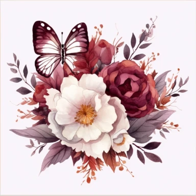 maroon butterfly on a flower border clipart, white background, watercolor, vector