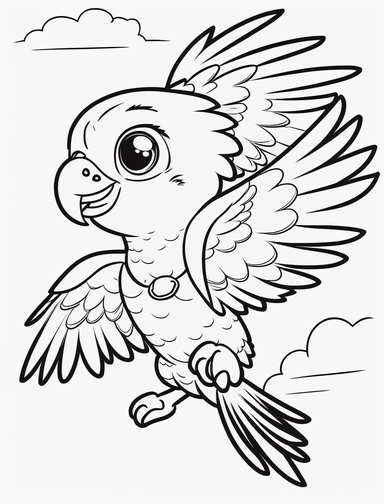 a cute and happy parrot flying, black and white clipart for a kids coloring page, simple and clean line art, illustration style,