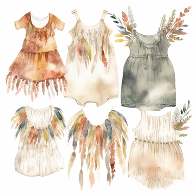 *Design a watercolor clipart featuring bohemian-style baby cloth such as flowy dress, romper, and fringed vest. Use earthy tones and delicate lines to capture the free-spirited vibe, white background