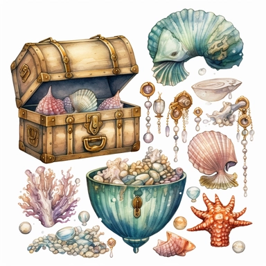 watercolor clipart mermaid clipart , jewels, treasure chest, pearls , shells with pearls, cute fish, seaweed , cartoon detailed