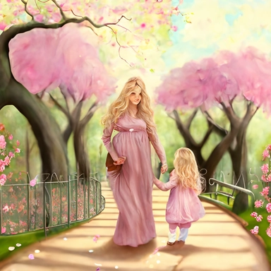 beautiful young pregnant mother with long beautiful blonde hair, toddler daughter with long beautiful hair holding hands walking in park, flowering trees, path lined with benches, highly detailed, realistic, fantasy, ethereal, soft colors, sharp focus, clipart style, fix dress