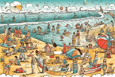 Clipart style, active beach day, surfers catching waves, families playing in the sand, colorful beach umbrellas dotting the landscape, stipples for the ocean spray, hatching for the surfboards and beach towels, line art forms for the people and activities
