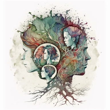 A watercolor painting of a woman's head with a tree in the middle.