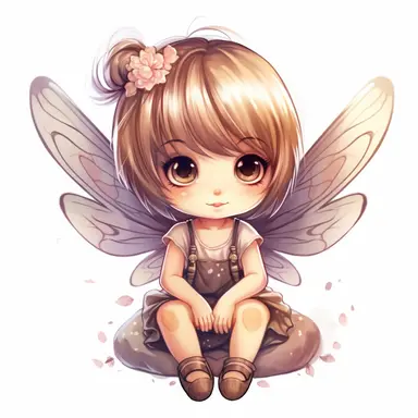 chibi little girl, big eyes, dressed as a fairy with wings on her back, beautiful and happy, she is sitting and head is turned towards camera, very detailed and realistic, watercolor, white background with margins, clipart style