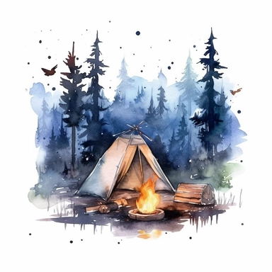 simple and minimalistic clipart in ink drawing and watercolor wash style, camping scenery with forest animals and camp fire, night time, stars and moon, blue shade colors, white background, uhd, high quality