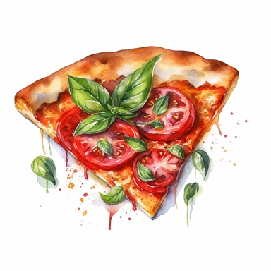 Tasty Pizza Slice Watercolor: A mouthwatering watercolor clipart featuring a delicious slice of pizza, topped with vibrant tomatoes, cheese, and basil. (Watercolor, no background)