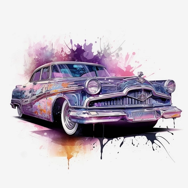 A stunning old retro car takes center stage in a Tron-inspired landscape, Limousine retro car, clipart, floral, watercolor splash, lavender. The classic car boasts futuristic modifications, including neon accents and sleek digital paneling, merging the elegant lines of the vintage vehicle with the high-tech aesthetics of the Tron universe, white background, splash