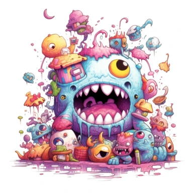horror kawaii single monster clipart surrounded by a white background, rotten, ben templesmith, lisa frank, frank frazetta, richard scarry, clean border, white background