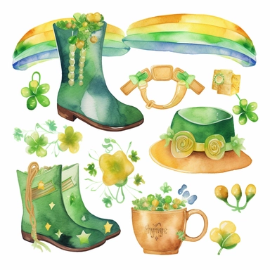 a set of St. Patrick's Day clipart, featuring elements leprechaun hats, shamrocks, pots of gold, rainbows, horseshoes, and Celtic knots, watercolor clipart on white background, high resolution, outline, clip art , Clean, smooth, and subtle high-resolution upscaling