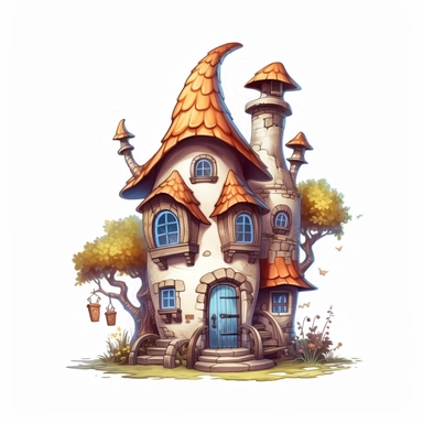 enchanted detailed fantasy fairy tale elf house in cartoon style, creamy warm blue colors on white plane background, impressive, 4k, clipart