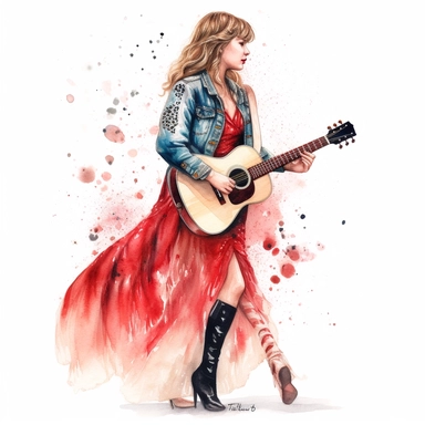 Hand drawn Taylor swift, the eras concert outfits, half body, very detailed and realistic, watercolor, white background with margins, clipart style