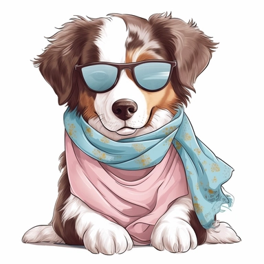 funny kawaii Australian Sheppard Dog with Balenciaga sunglasses and cool bandana or necklaces, cute illustration, clipart, white backgound, Cuttable Design
