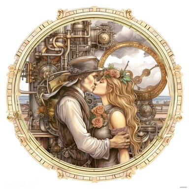 In the enchanting presence of a steampunk steam train, a couple's first kiss takes place, framed by the intricate gearwork and brass accents that adorn the classic locomotive, their love intertwined with the spirit of adventure. Ultra high quality, intricate detail, retro - futurism, pastel clipart, white background