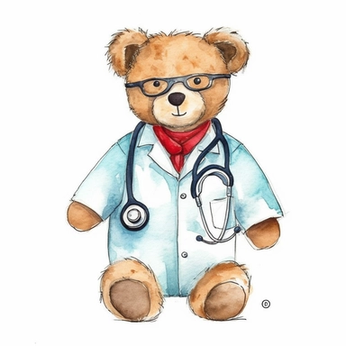 cute watercolor sketch clipart of a teddybear wearing a doctors coat thats hand drawn