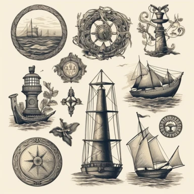 maritim symbols, vintage, clipart, 8k, high detail, white background