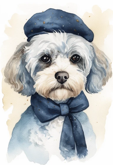 watercolour of a Bichon Havanese wearing A light blue chambray shirt with a white collar paired with a navy blue knit sweater, Add a yellow bow tie around the neck and a navy blue newsboy cap on the head as an accessory, clipart, colourful, pastel color, watercolour, single sheet