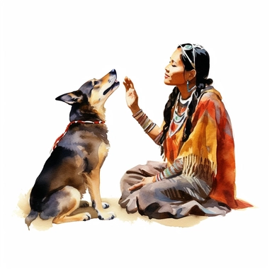 top view, watercolor, native american woman training a dog, woman has a happy expression, clipart, no background, dog is behaving