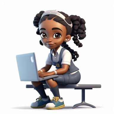 3D toy of a young happy black girl wearing a school uniform outfit sitting down on computer in the style of boondocks in the style of marvel comics cartoon with white background can't believe how beautiful this is clipart, graphic vector, isolated on white background