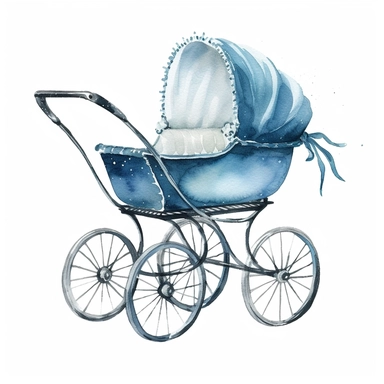 watercolor antique baby carriage pram with blue body, clipart