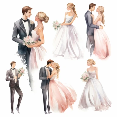 Watercolor wedding party clipart, bridesmaids, maid of honor, best man, high details, white background, 8k,