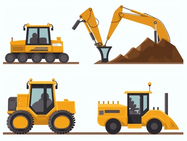 flat construction clip art for kids , escavator, digger, bulldozer, caterpillar, white background,