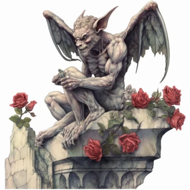 clipart, highly detailed ancient, stone gargoyle perched on a high ledge, red roses, watercolor, transparent background, white background