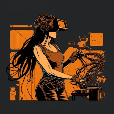 vr headset, virtual reality, industrial worker, poster, goddess in vr gogle, repairing machine, simplistic, abstract, vector, 2d illustration, clipart, few colors, industrial
